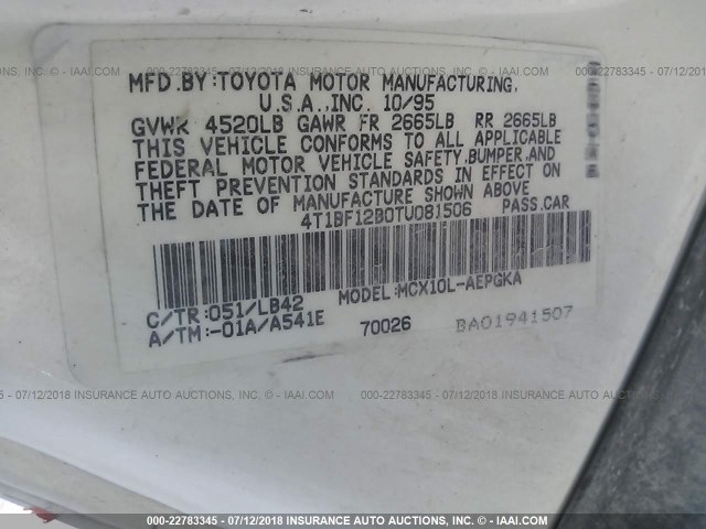 4T1BF12B0TU081506 - 1996 TOYOTA AVALON XL/XLS WHITE photo 9