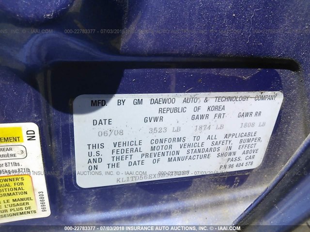 KL1TD56EX9B331288 - 2009 CHEVROLET AVEO LS/LT 蓝色 照片 9