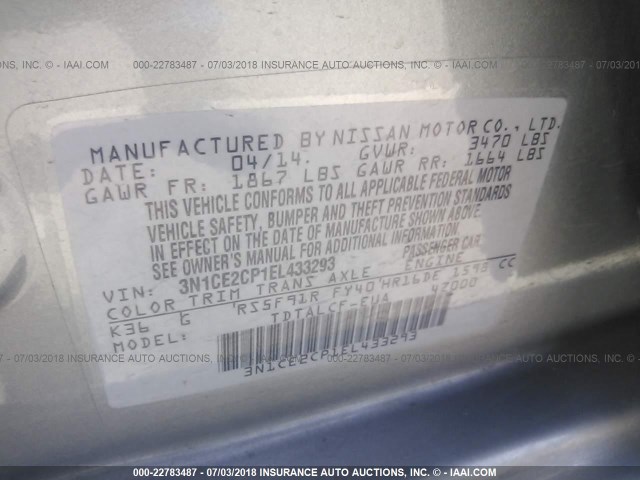 3N1CE2CP1EL433293 - 2014 NISSAN VERSA NOTE S/S PLUS/SV/SL GRAY photo 9