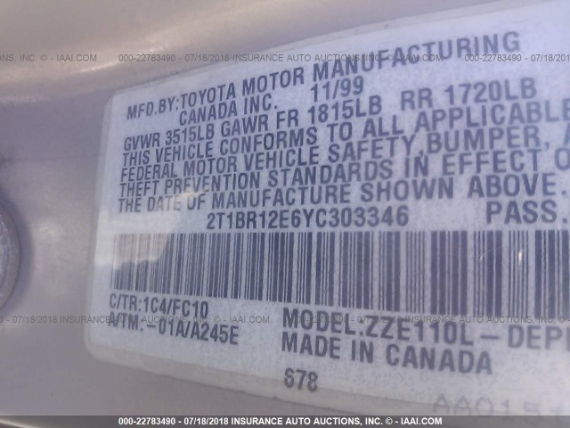 2T1BR12E6YC303346 - 2000 TOYOTA COROLLA VE/CE/LE 灰色 照片 9