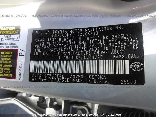 4T1BF1FKXDU271275 - 2013 TOYOTA CAMRY L/SE/LE/XLE 银色 照片 9