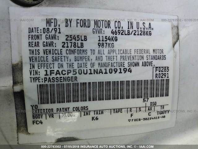 1FACP50U1NA109194 - 1992 FORD TAURUS L WHITE photo 9