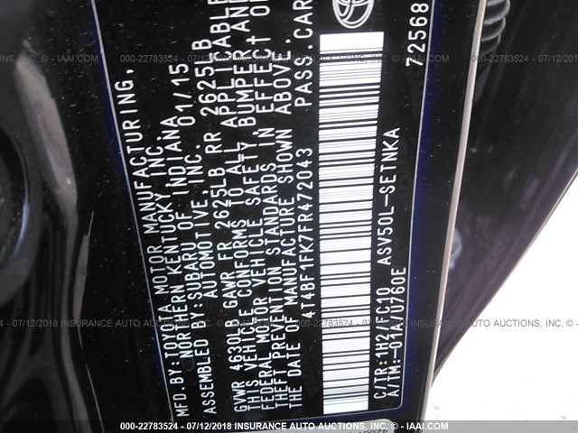 4T4BF1FK7FR472043 - 2015 TOYOTA CAMRY LE/XLE/SE/XSE BLACK photo 9