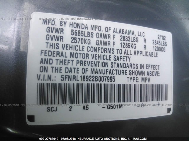 5FNRL18922B007995 - 2002 HONDA ODYSSEY EXL GRAY photo 9