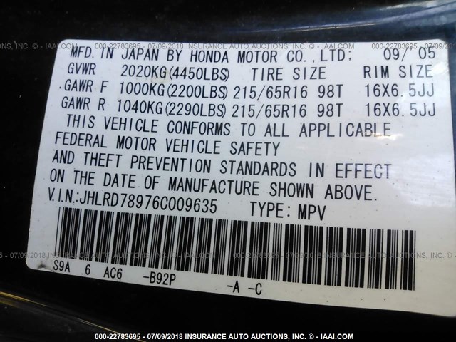 JHLRD78976C009635 - 2006 HONDA CR-V SE/EX BLACK photo 9