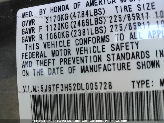 5J6TF3H52DL005728 - 2013 HONDA CROSSTOUR EXL ნაცრისფერი ფოტო 9