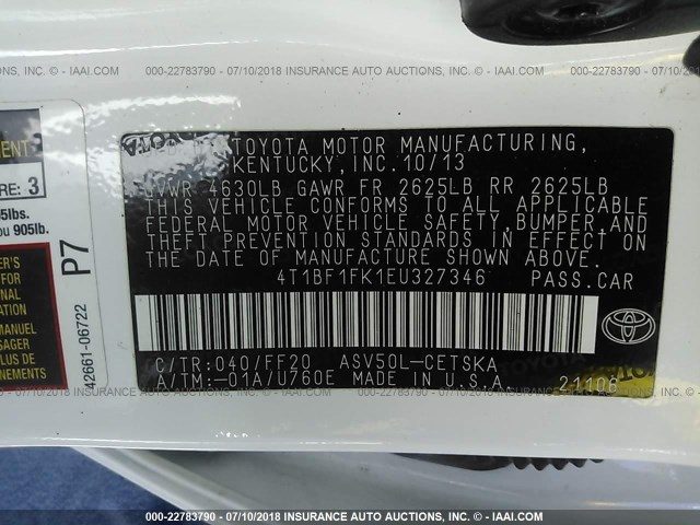 4T1BF1FK1EU327346 - 2014 TOYOTA CAMRY L/SE/LE/XLE 白色 照片 9