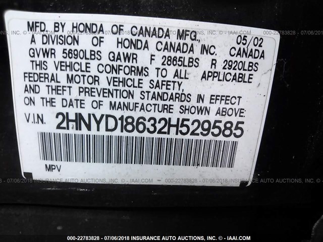 2HNYD18632H529585 - 2002 ACURA MDX TOURING BLACK photo 9