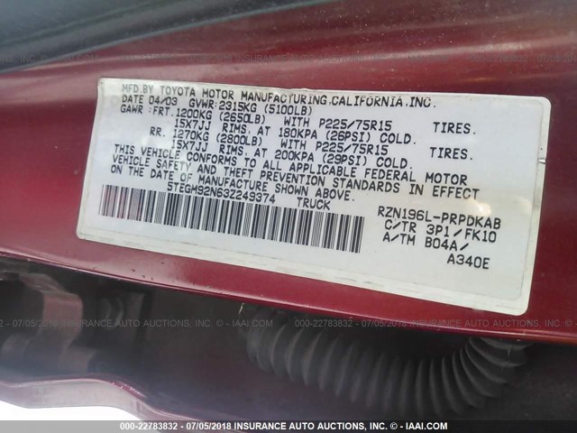 5TEGM92N63Z249374 - 2003 TOYOTA TACOMA DOUBLE CAB PRERUNNER RED photo 9