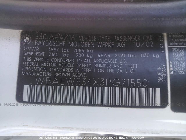 WBAEW534X3PG21550 - 2003 BMW 330 XI WHITE photo 9
