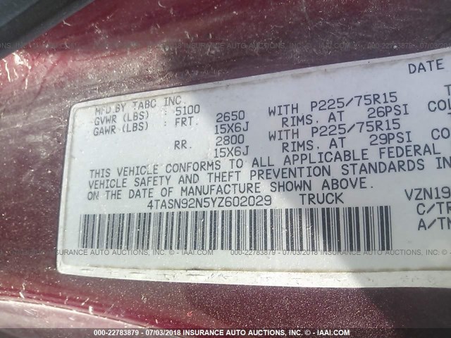 4TASN92N5YZ602029 - 2000 TOYOTA TACOMA XTRACAB PRERUNNER მუქწითელი ფოტო 9