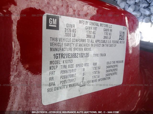 1GTR2VE38BZ102128 - 2011 GMC SIERRA K1500 SLE RED photo 9