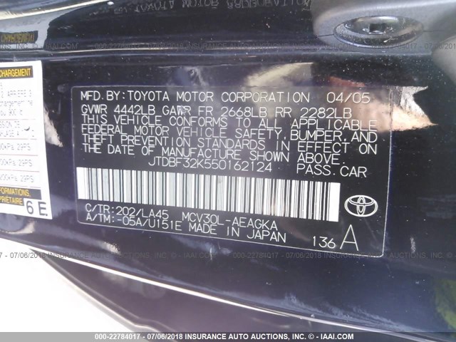 JTDBF32K550162124 - 2005 TOYOTA CAMRY LE/XLE/SE Qara foto 9