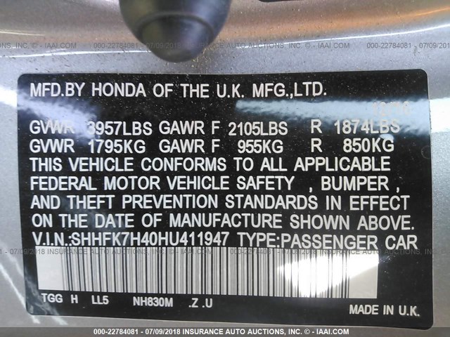 SHHFK7H40HU411947 - 2017 HONDA CIVIC SPORT 灰色 照片 9