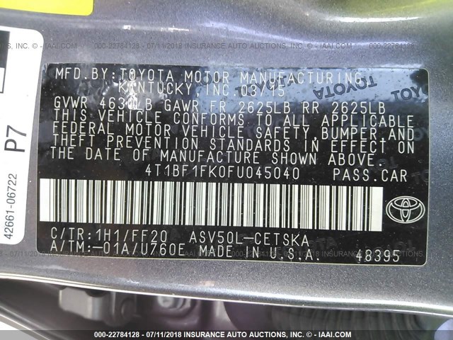 4T1BF1FK0FU045040 - 2015 TOYOTA CAMRY LE/XLE/SE/XSE BROWN photo 9