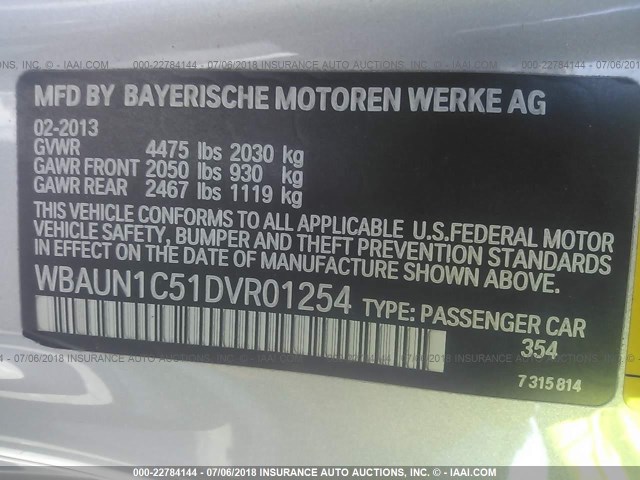 WBAUN1C51DVR01254 - 2013 BMW 128 I SILVER photo 9