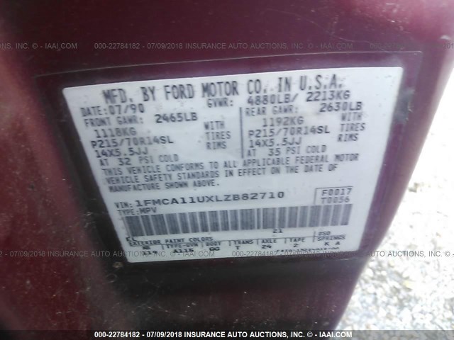 1FMCA11UXLZB82710 - 1990 FORD AEROSTAR RED photo 9