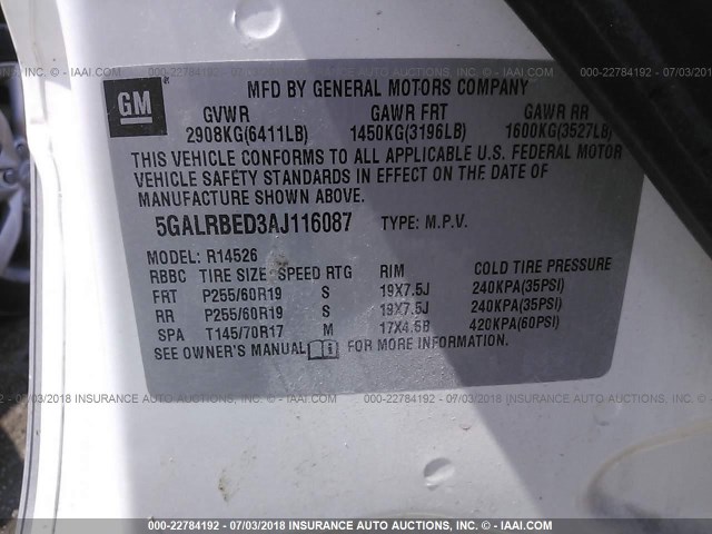 5GALRBED3AJ116087 - 2010 BUICK ENCLAVE CXL 白色 照片 9