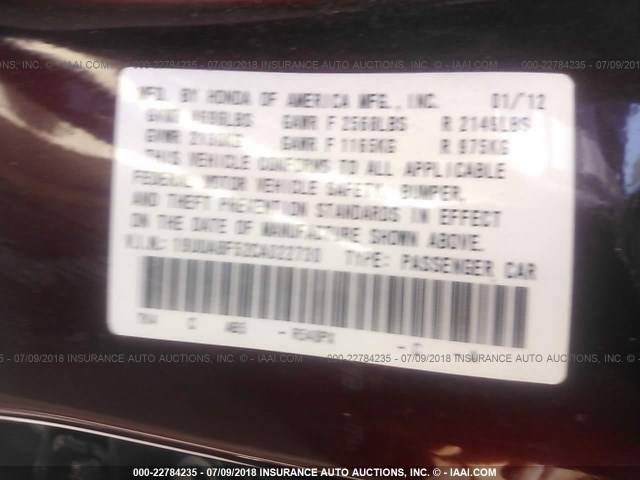 19UUA8F52CA022730 - 2012 ACURA TL BURGUNDY photo 9