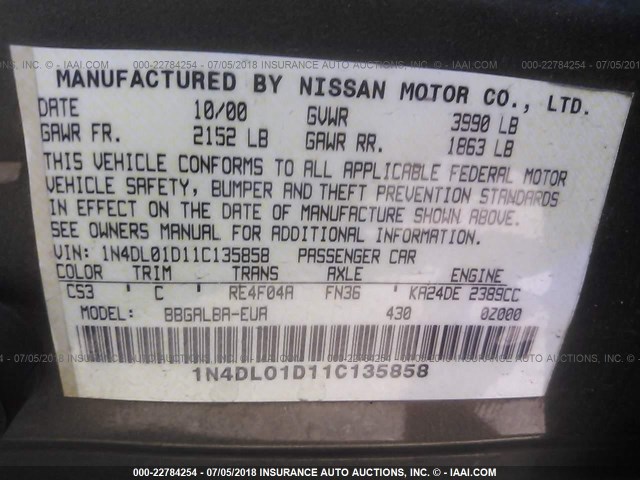 1N4DL01D11C135858 - 2001 NISSAN ALTIMA XE/GXE/SE GRAY photo 9