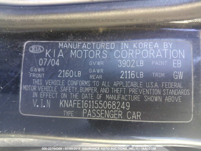 KNAFE161155068249 - 2005 KIA SPECTRA5 BLACK photo 9