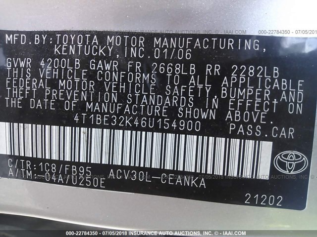 4T1BE32K46U154900 - 2006 TOYOTA CAMRY LE/XLE/SE 银色 照片 9