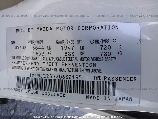 JM1BJ225320632195 - 2002 MAZDA PROTEGE DX/LX/ES WHITE photo 9