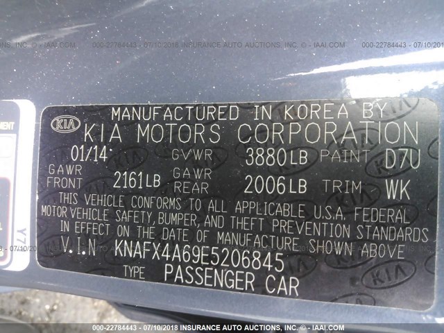 KNAFX4A69E5206845 - 2014 KIA FORTE LX BLACK photo 9