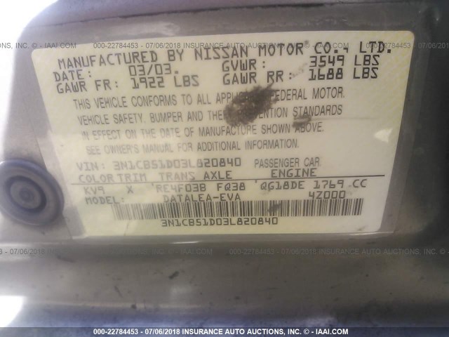 3N1CB51D03L820840 - 2003 NISSAN SENTRA XE/GXE GOLD photo 9