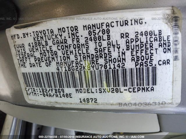4T1BG22K8YU701142 - 2000 TOYOTA CAMRY CE/LE/XLE 银色 照片 9