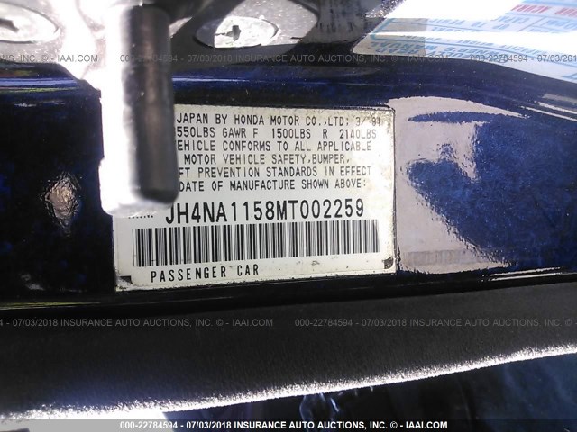 JH4NA1158MT002259 - 1991 ACURA NSX BLUE photo 9