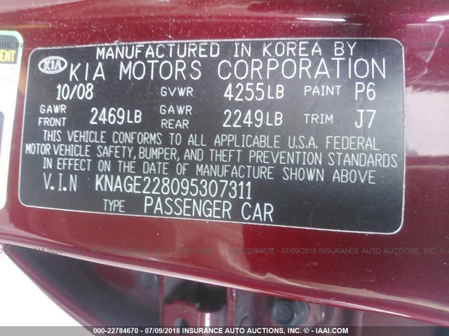 KNAGE228095307311 - 2009 KIA OPTIMA LX/EX RED photo 9