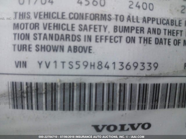 YV1TS59H841369339 - 2004 VOLVO S80 2.5T GRAY photo 9