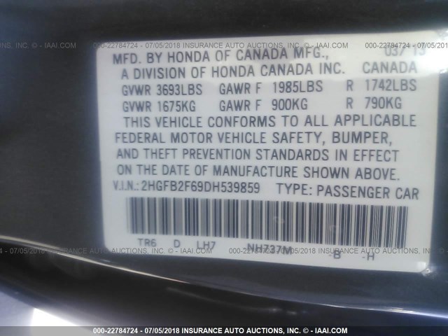 2HGFB2F69DH539859 - 2013 HONDA CIVIC HF GRAY photo 9