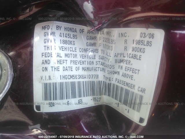 1HGCM563X6A107738 - 2006 HONDA ACCORD SE RED photo 9