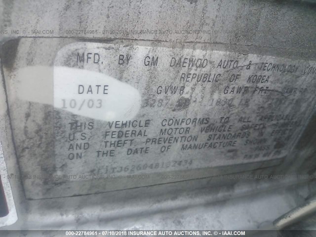 KL1TJ62604B132434 - 2004 CHEVROLET AVEO LS SILVER photo 9