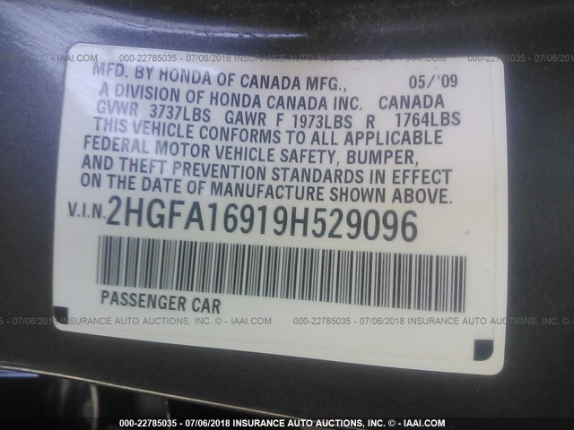 2HGFA16919H529096 - 2009 HONDA CIVIC EXL GRAY photo 9