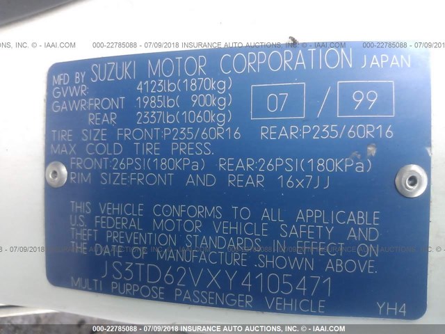 JS3TD62VXY4105471 - 2000 SUZUKI GRAND VITARA JLX/LIMITED/JX WHITE photo 9