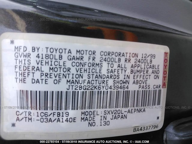 JT2BG22K6Y0439464 - 2000 TOYOTA CAMRY CE/LE/XLE GRAY photo 9