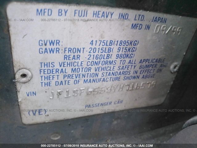 JF1SF6558YH716579 - 2000 SUBARU FORESTER S GREEN photo 9