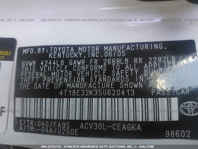 4T1BE32K35U620413 - 2005 TOYOTA CAMRY LE/XLE/SE 白色 照片 9