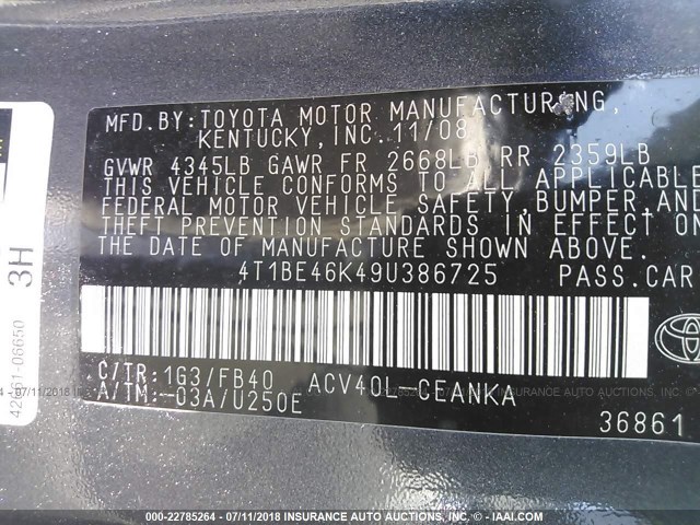 4T1BE46K49U386725 - 2009 TOYOTA CAMRY SE/LE/XLE GRAY photo 9