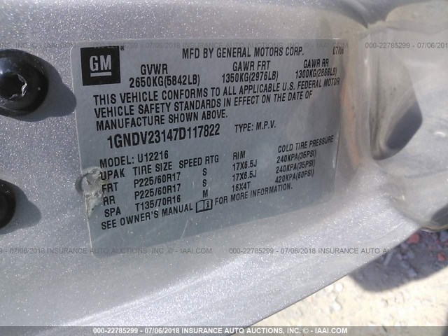 1GNDV23147D117822 - 2007 CHEVROLET UPLANDER LS Gümüş foto 9