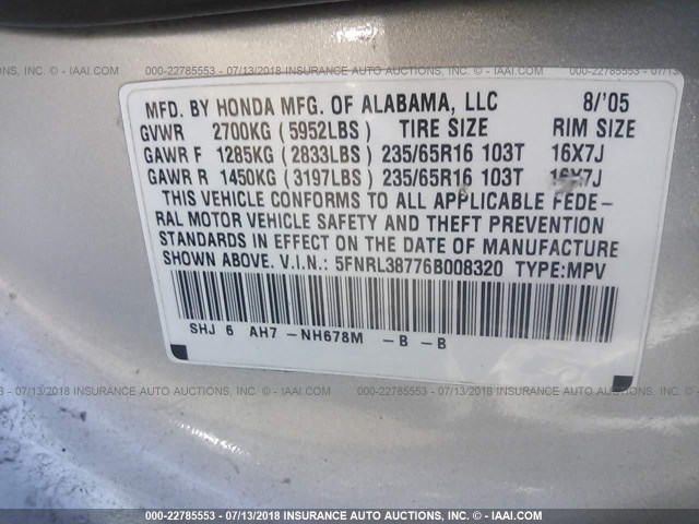 5FNRL38776B008320 - 2006 HONDA ODYSSEY EXL GOLD photo 9