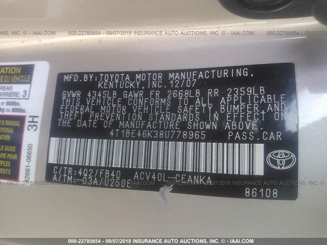 4T1BE46K38U778965 - 2008 TOYOTA CAMRY CE/LE/XLE/SE GOLD photo 9
