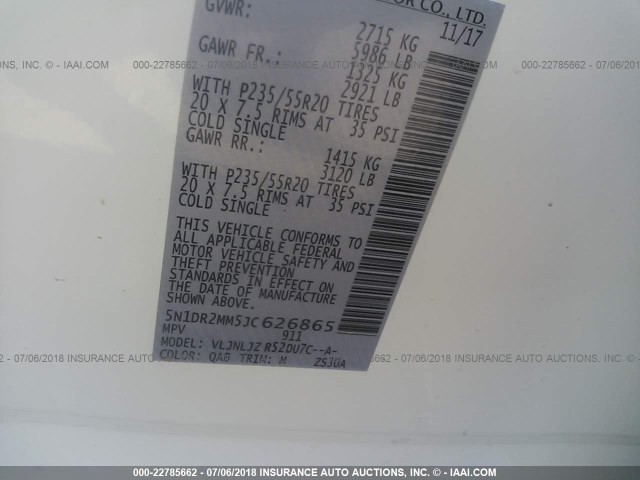 5N1DR2MM5JC626865 - 2018 NISSAN PATHFINDER S/SV/SL/PLATINUM WHITE photo 9