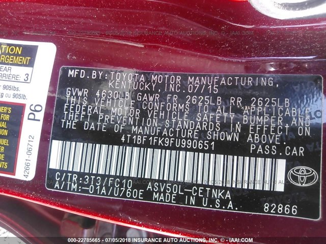 4T1BF1FK9FU990651 - 2015 TOYOTA CAMRY LE/XLE/SE/XSE RED photo 9