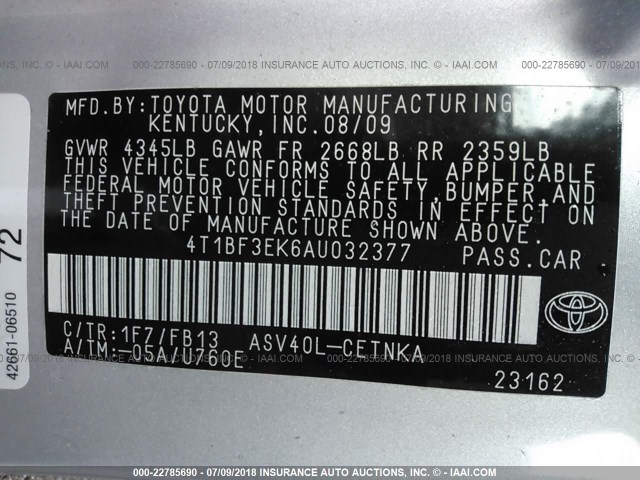 4T1BF3EK6AU032377 - 2010 TOYOTA CAMRY SE/LE/XLE SILVER photo 9