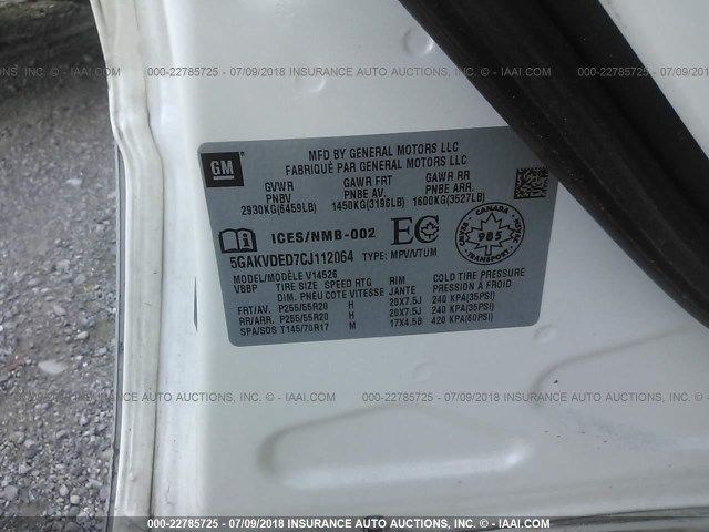 5GAKVDED7CJ112064 - 2012 BUICK ENCLAVE WHITE photo 9