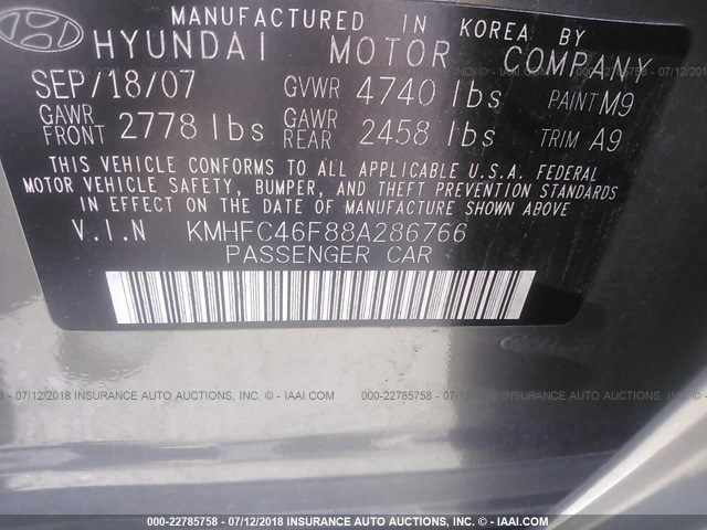 KMHFC46F88A286766 - 2008 HYUNDAI AZERA SE/LIMITED GRAY photo 9